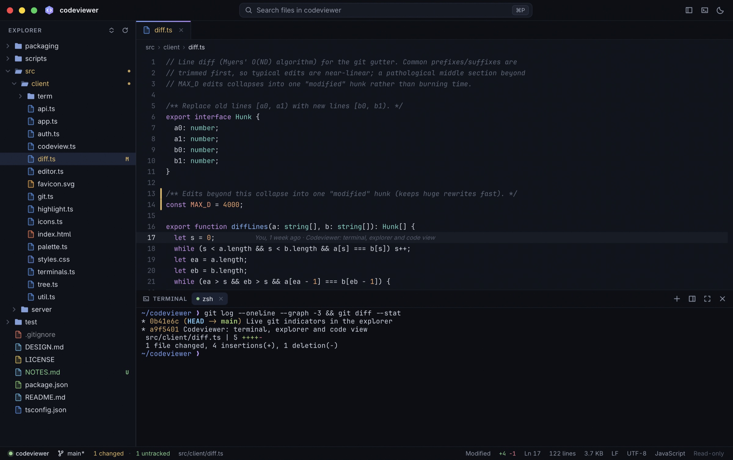 Codeviewer showing a project's explorer with git status letters, a TypeScript file with git gutter markers and inline blame, and a terminal running git log.
