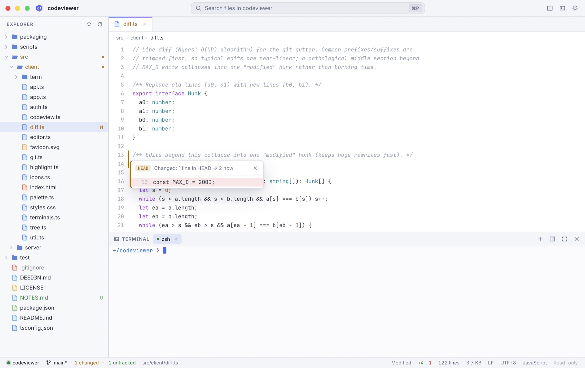 Light theme with a peek popup showing the HEAD version of a changed line.